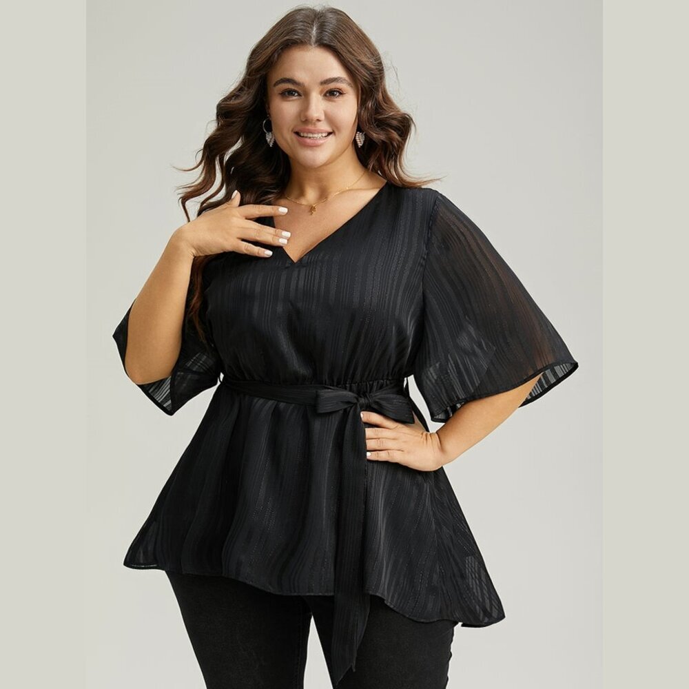 NWT BloomChic Black Solid Chiffon Belted High Low Hem Blouse Size 14-16/1X - Picture 1 of 1